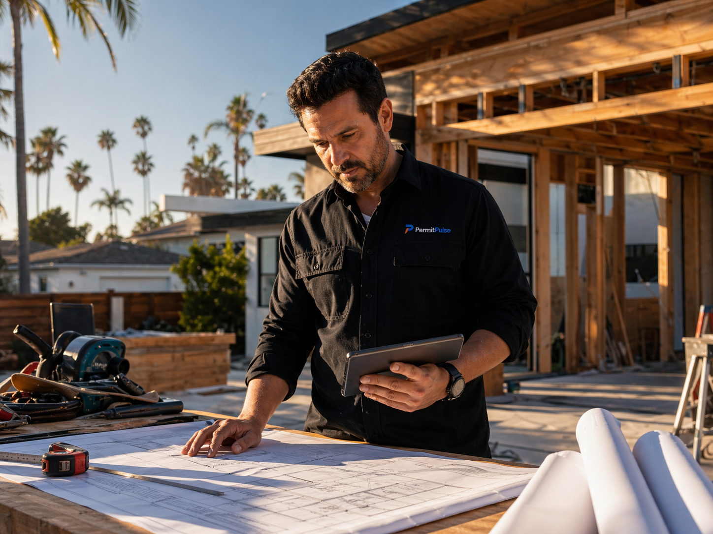 Contractor reviewing ADU construction plans and permit documents at a Southern California jobsite.