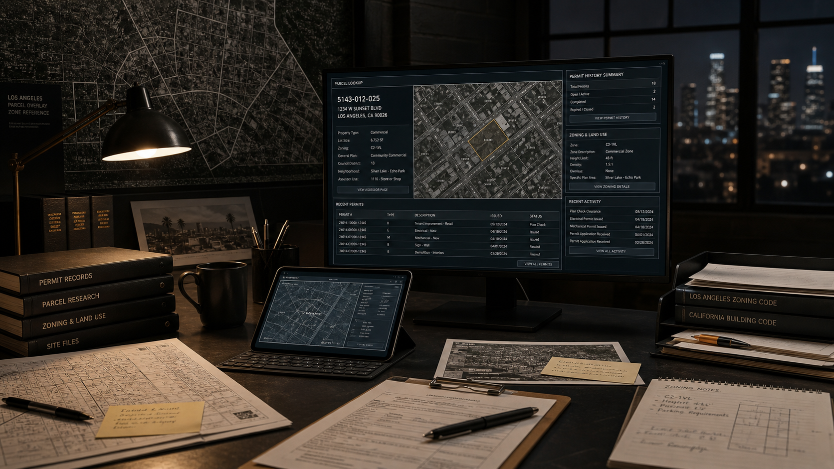 PermitPulse resources page image showing a dark research desk with permit records, parcel maps, and Los Angeles property intelligence tools