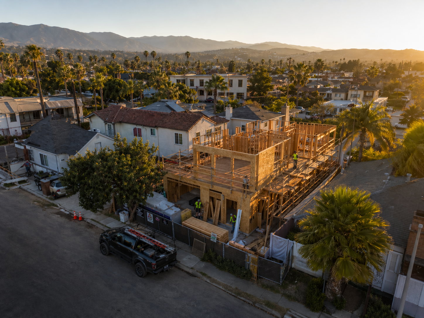 Drone view of a Pasadena-style ADU construction site with framing, workers, and a contractor work truck.
