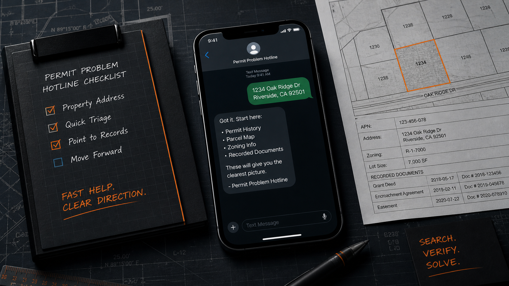 Permit Problem Hotline image showing a smartphone, parcel map, and permit notes for quick address-based property record help