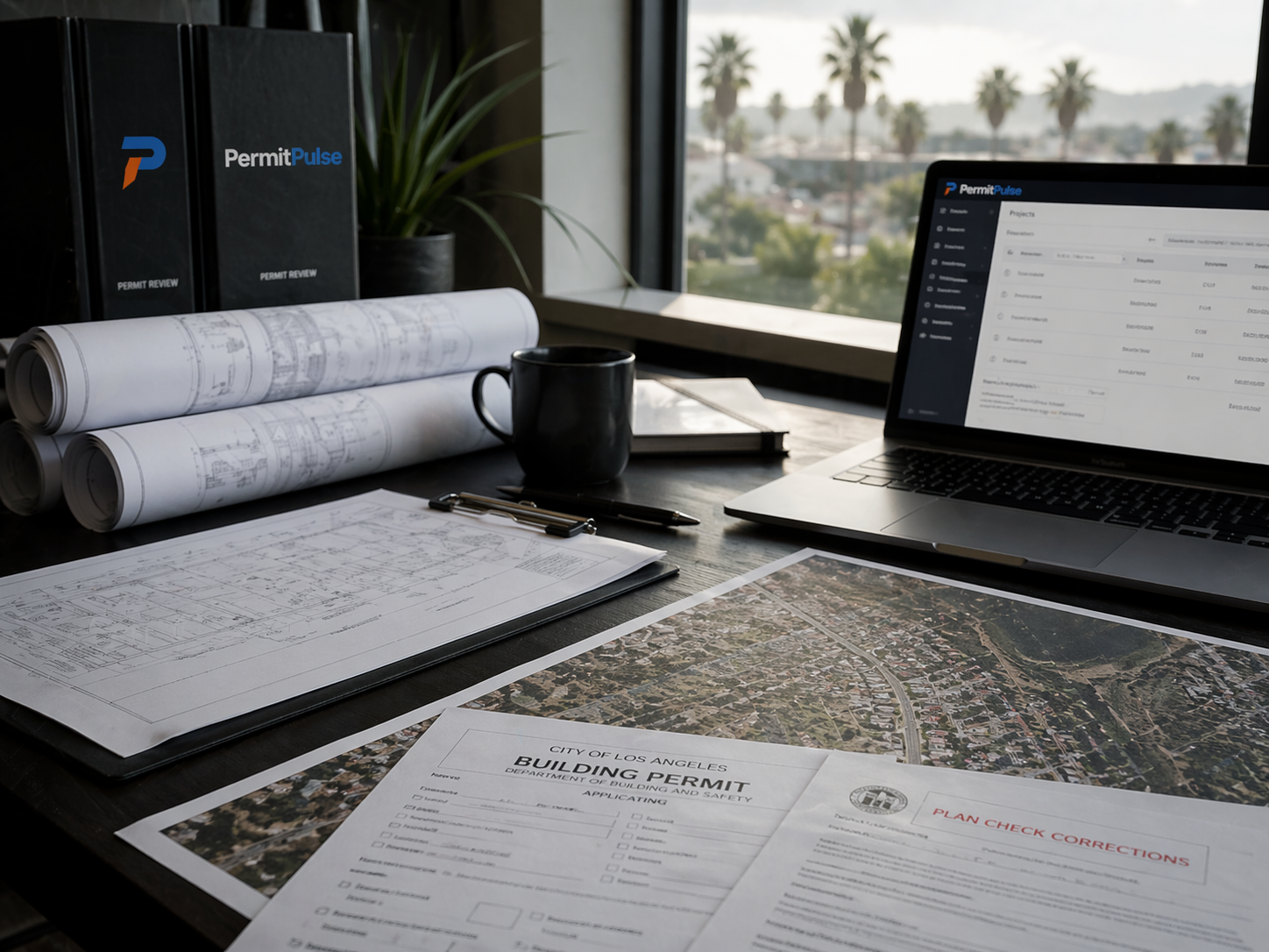 Permit review workspace with Los Angeles building permit documents, plan check corrections, parcel maps, and architectural plans.