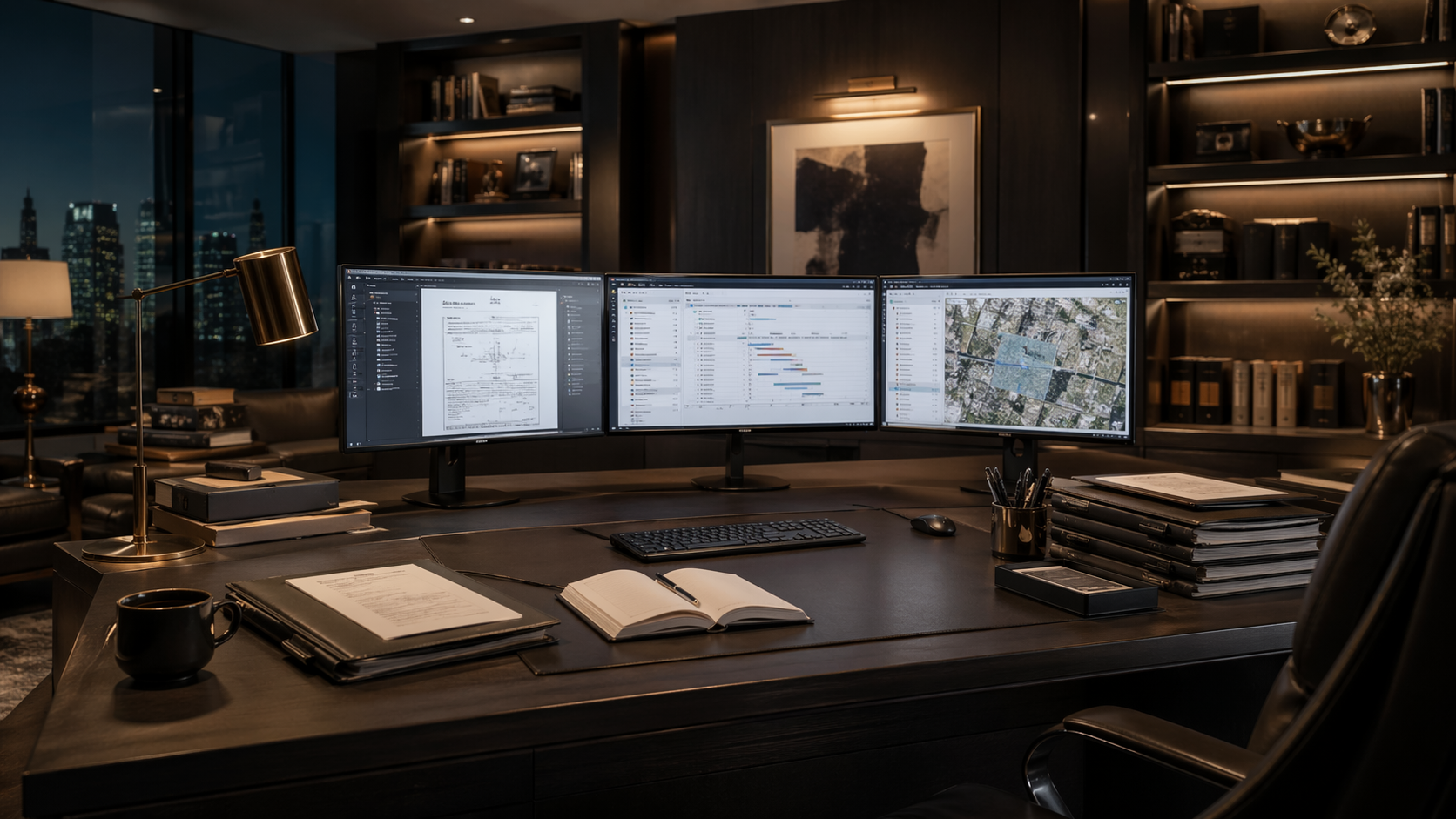Private permit and workflow support desk with monitors showing project timelines, permit documents, and property maps.