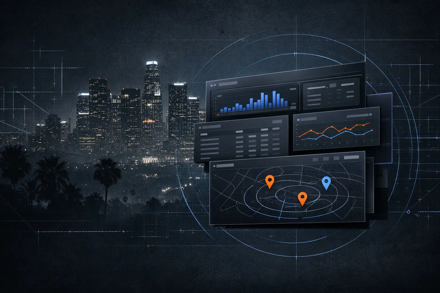 Los Angeles skyline behind a dark-mode permit intelligence dashboard with map pins and charts.